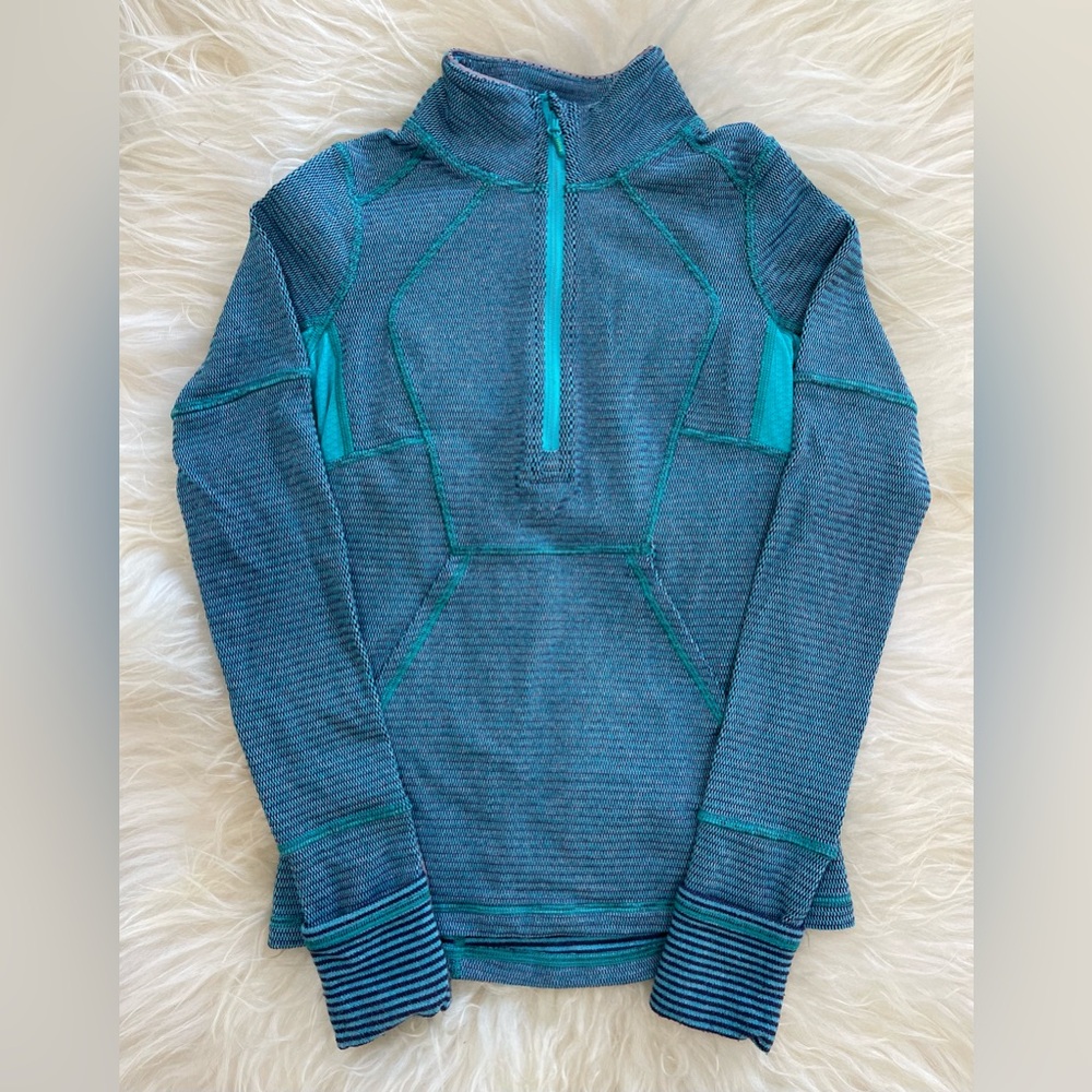 Ivivva Lululemon Girls Fastest Zip Aqua Teal Blue Striped 1/4 Zip Pullover Top